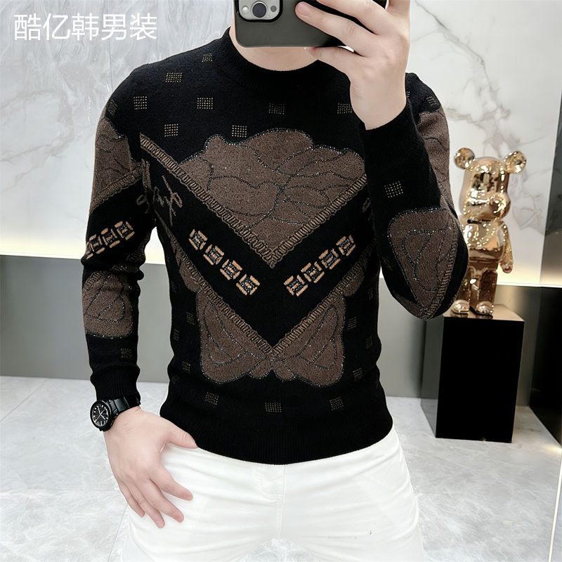 2026欧货轻奢高品质秋冬款长袖毛衣男印花烫钻男士圆领打底衫8865