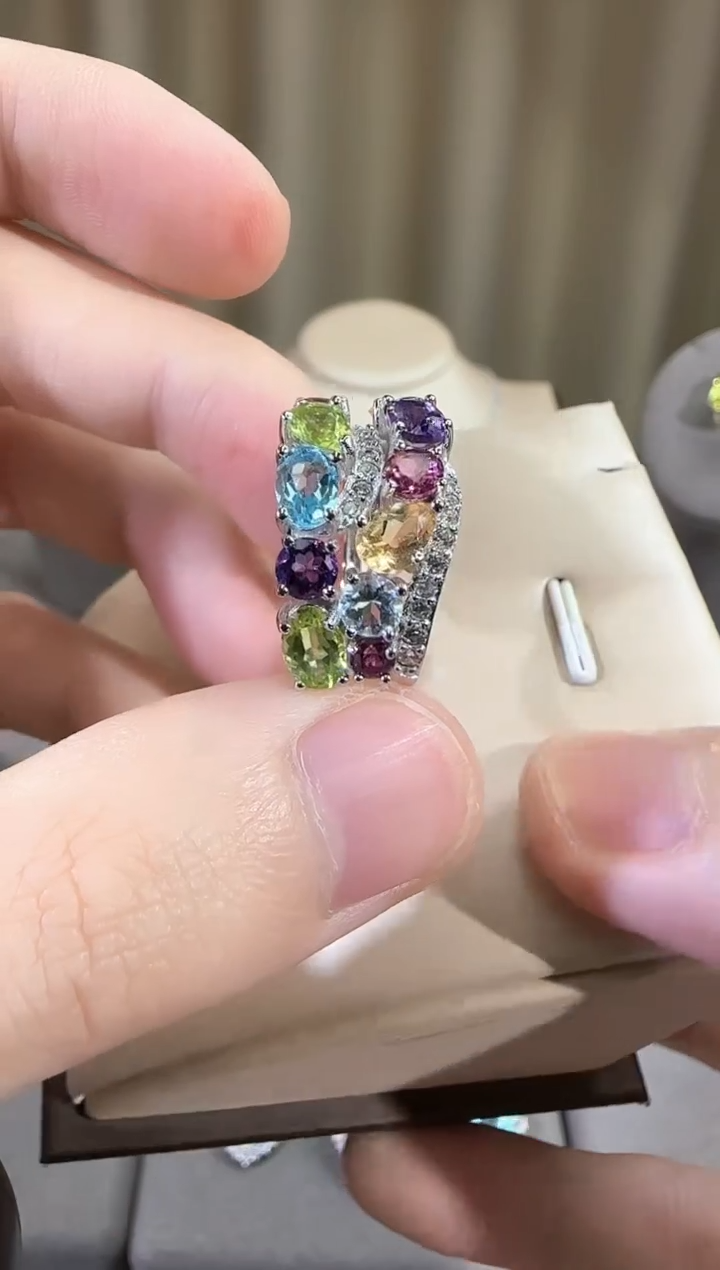 银S925镶嵌戒指水晶12mm多彩宝戒指排戒款