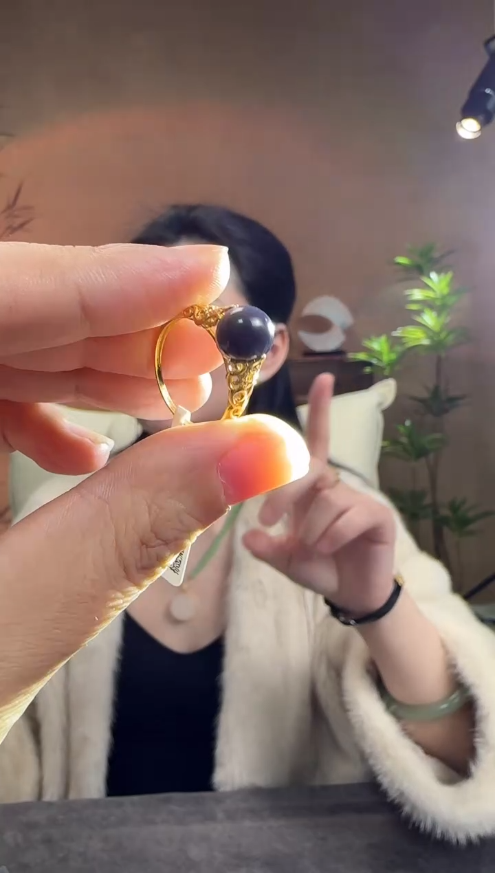 【闪购商品】和田玉戒指18K金镶嵌18K金镶8mm烟紫圆珠戒指