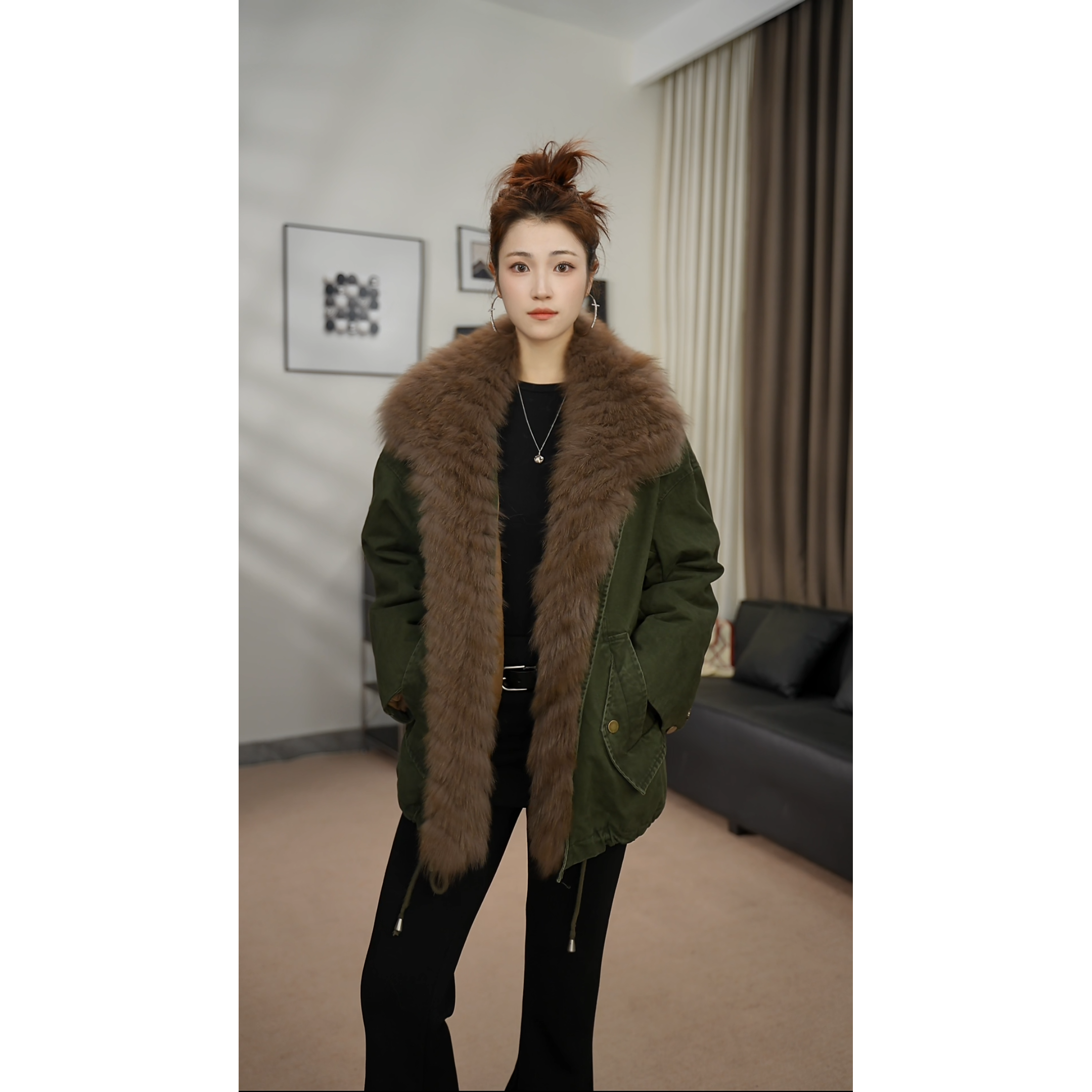 XIYUE 白鹅绒狐狸毛翻领复古派克服宽松廓形保暖外套