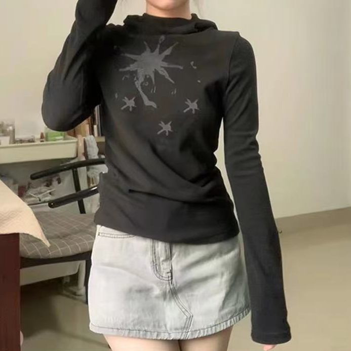 美式复古连帽长袖T恤女秋季新款设计感小众修身显瘦百搭上衣