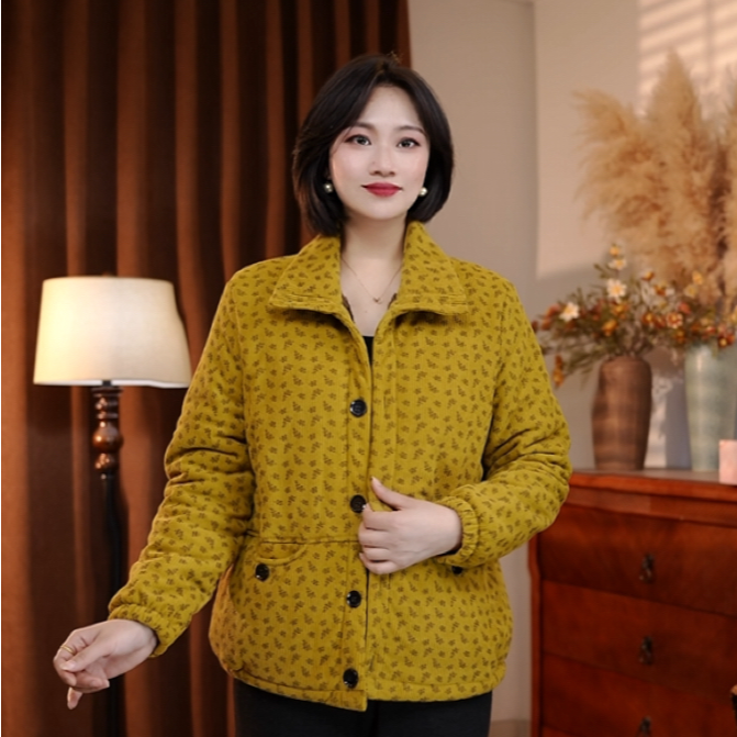 25冬季（加绒加厚）宽松纯色印花棉衣显瘦气质中年妈妈装保暖外套
