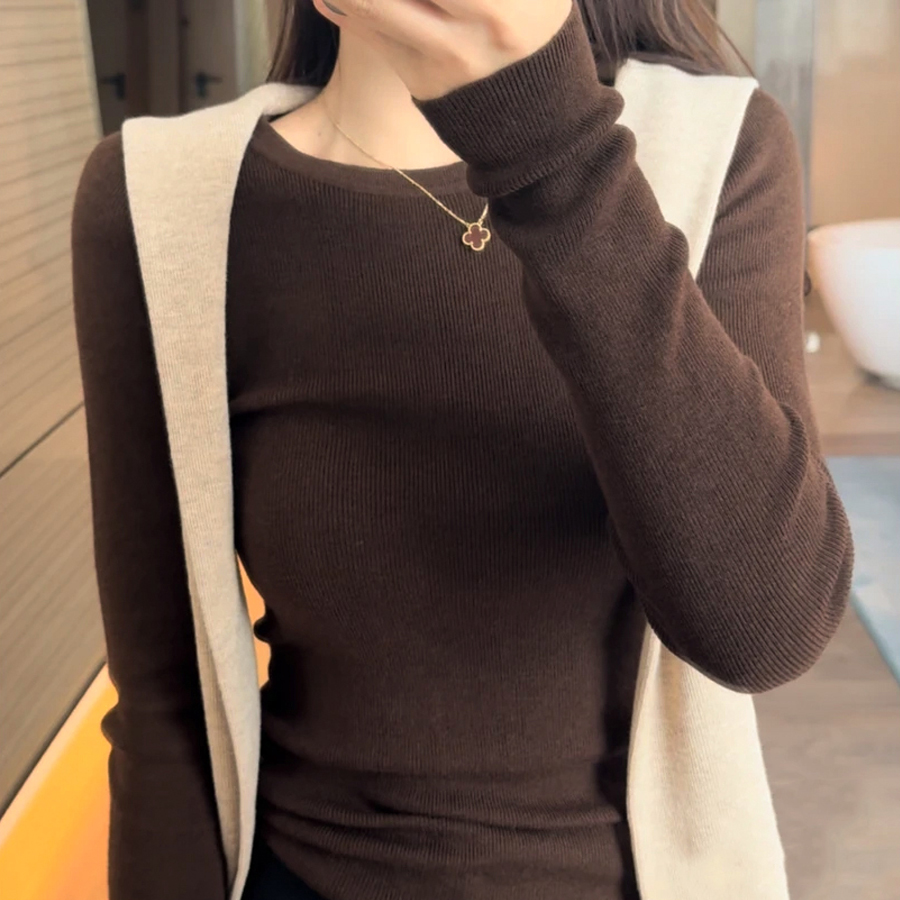 2025秋冬韩系新品圆领针织打底衫女修身显瘦咖色内搭羊毛气质毛衣