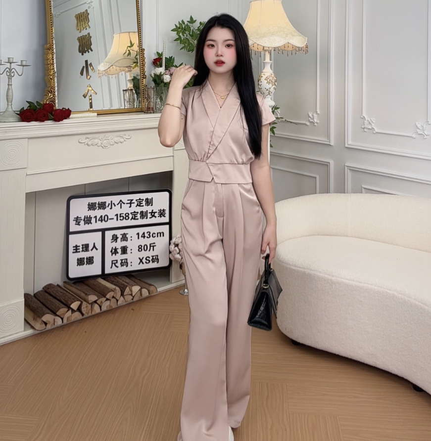 【娜娜小个子】140cm夏装整套气质高级大方得体V领缎面套装054