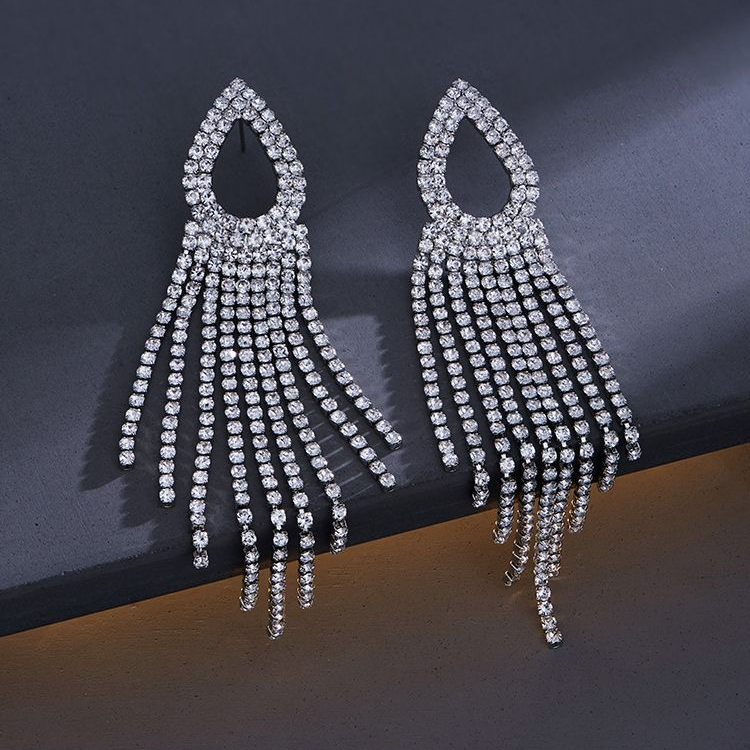 铜合金耳饰 8639轻奢耳环小众设计感高级满钻超闪长款流苏耳饰