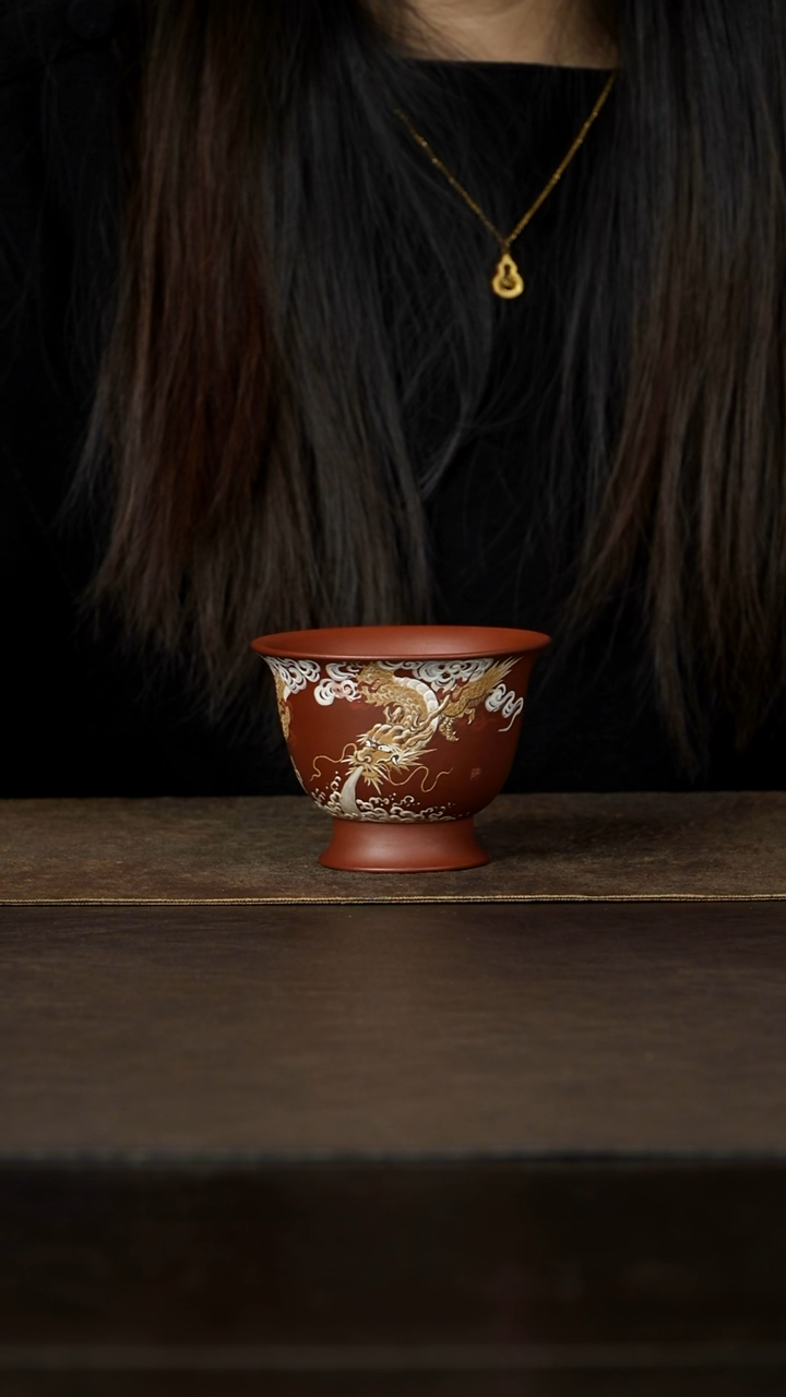 茶杯紫砂杯研所新品首发 高足杯 龙杯 高端泥绘150cc