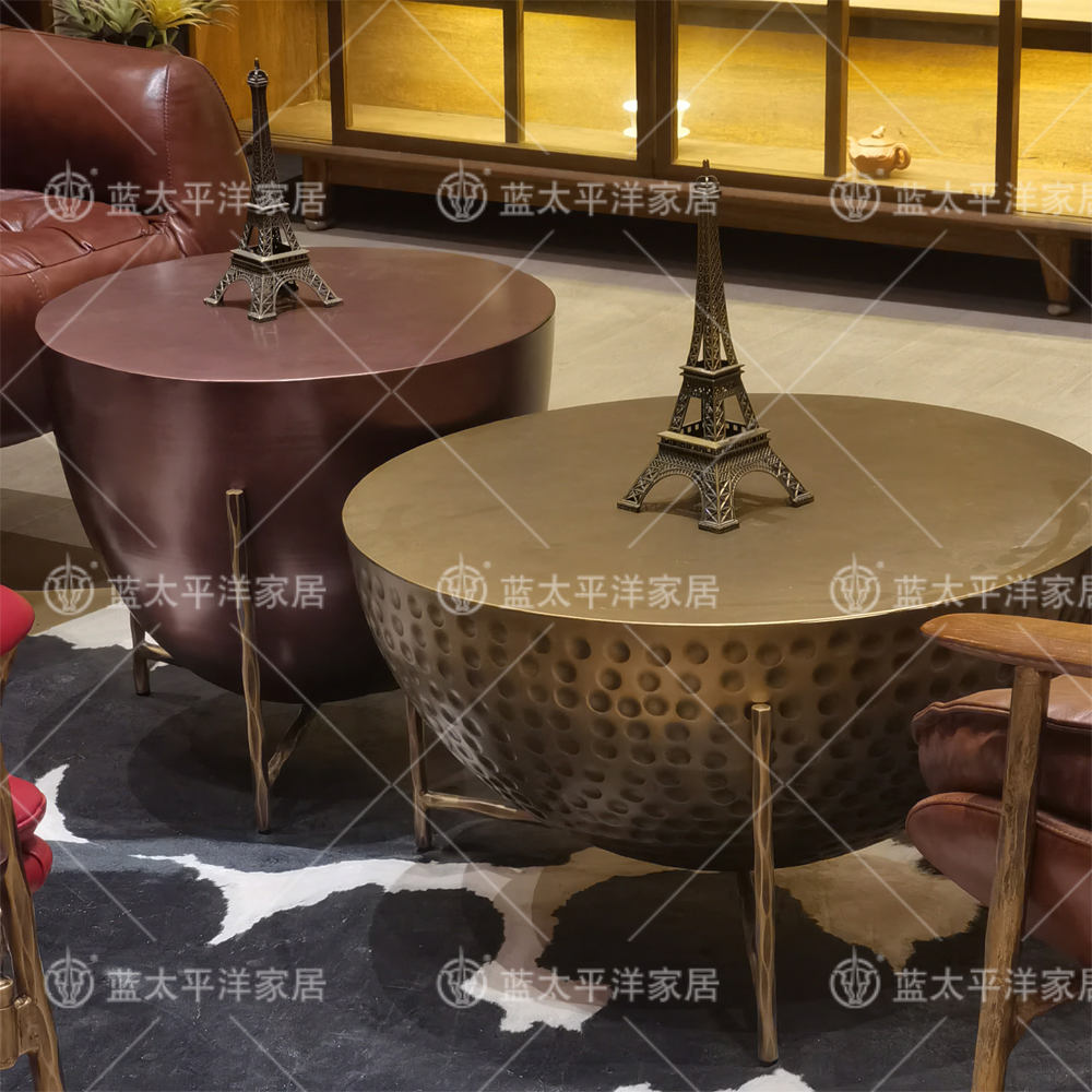 蓝太平洋家居 复古锻打鼓形茶几 实心金属支架轻奢边几中古复古风