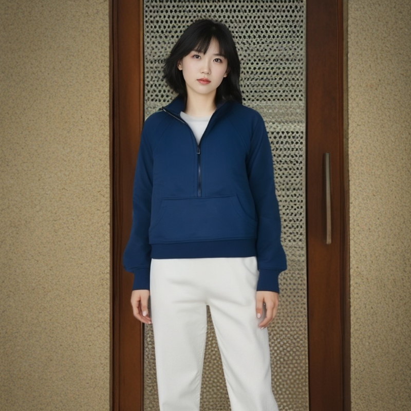 【文文外贸】女士半拉链毛圈拉绒显瘦百搭平替长袖运动户外纯色
