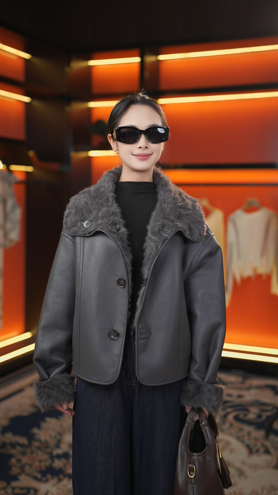 【CC】短外套翻领短款设计师女保暖加厚毛双面双穿轻奢秋冬气质湖洋