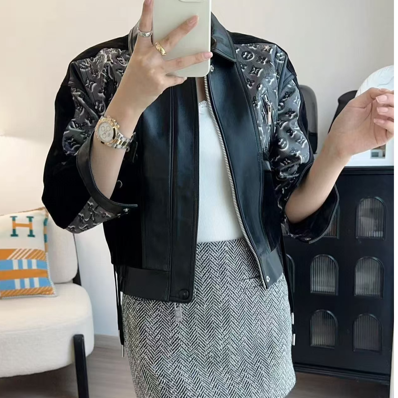 未使用 LouisVuitton/路易威登 皮质拉链长袖外套 黑灰38