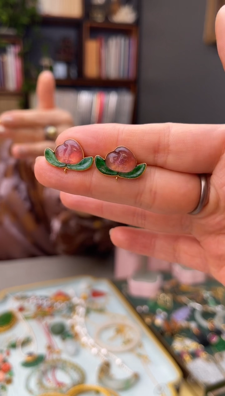 18K金镶嵌耳饰碧玺碧玺18k金桃子耳钉