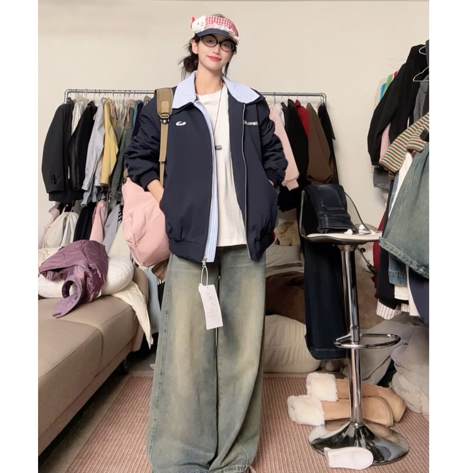 秋冬菱格二棉加厚美式拼接复古绣花假两件翻领保暖夹克外套女