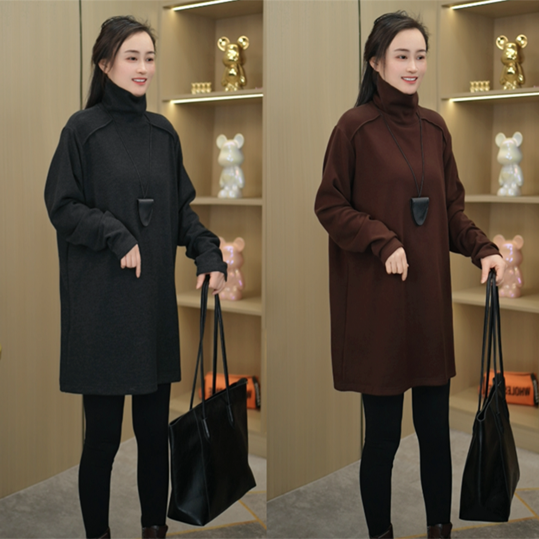 冬季新款 双面绒高领中长款T恤时尚简约百搭遮屁股圆领打底衫