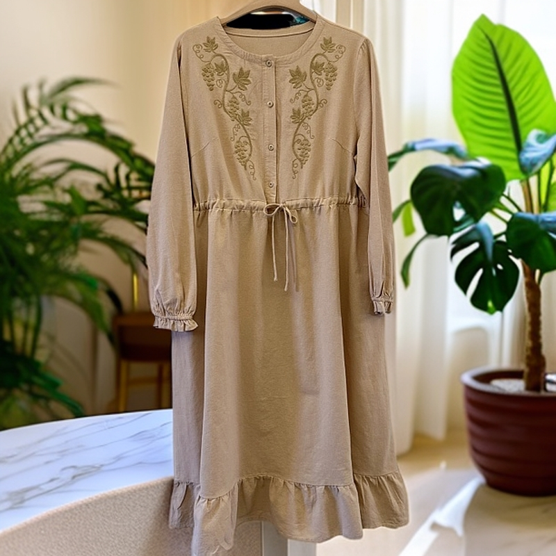 9010春款重工棉麻刺绣长裙