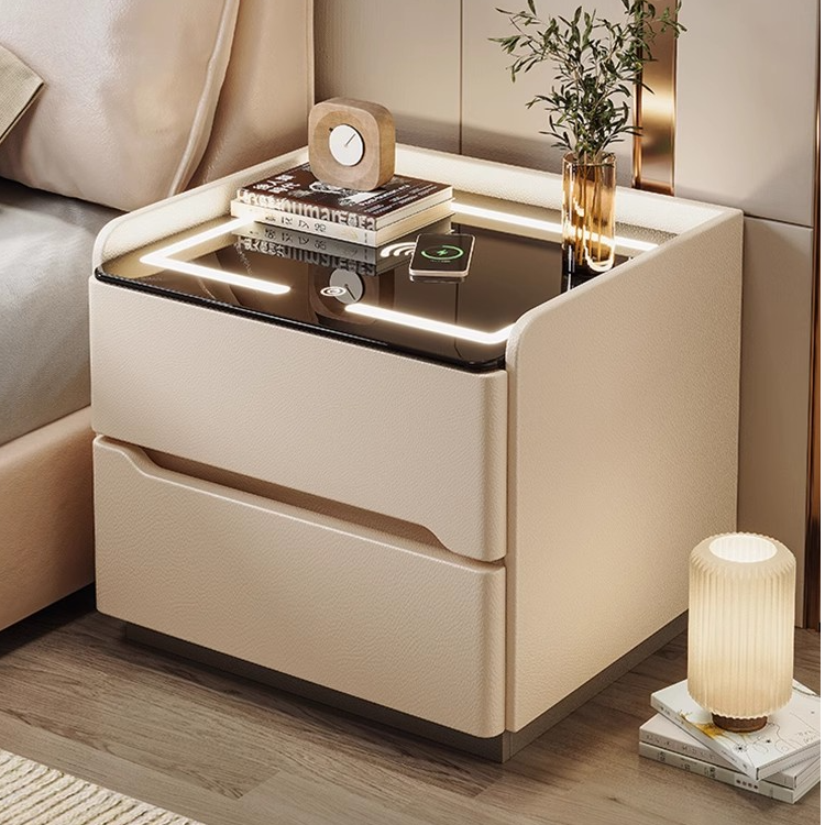 智能实木床头柜2025最新款带灯无线充现代简约家用卧室床边收纳柜