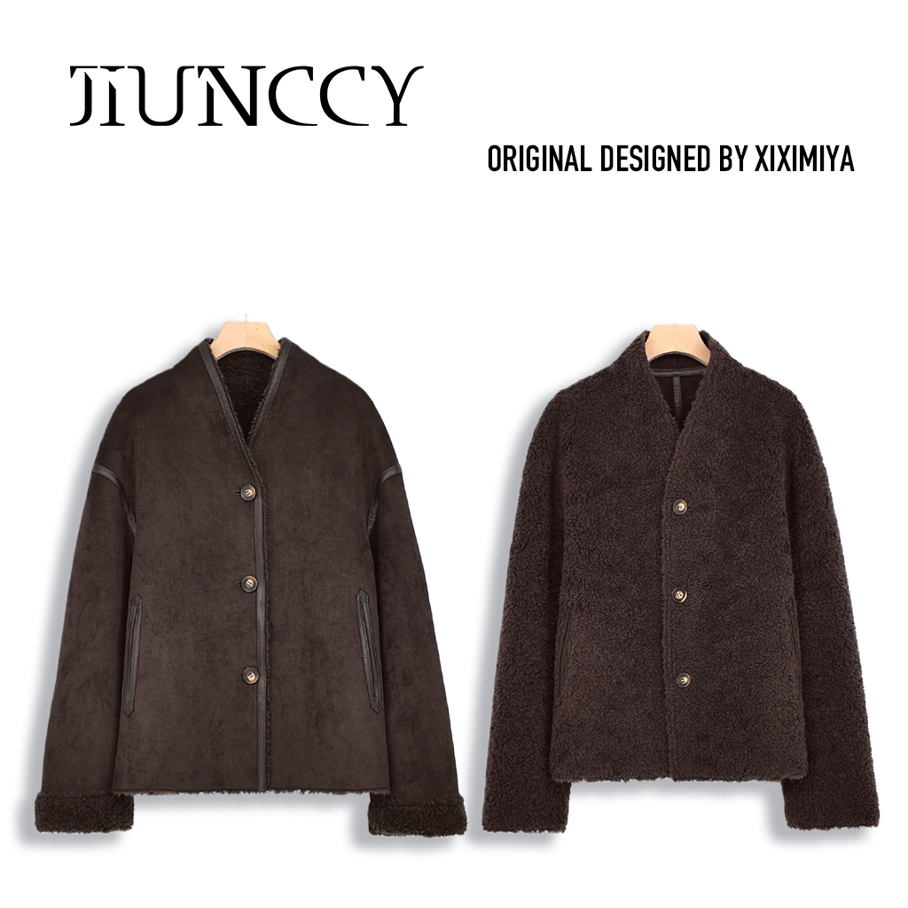 JIUNCCY【月绒】全羊毛颗粒绒感真皮包边落肩两面穿外套 52YWT094