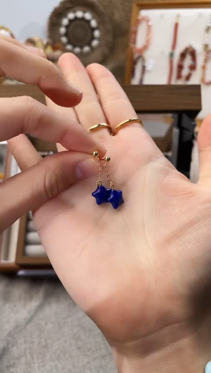 银S925镶嵌耳饰水晶青金五角星耳钉（多样性发一）