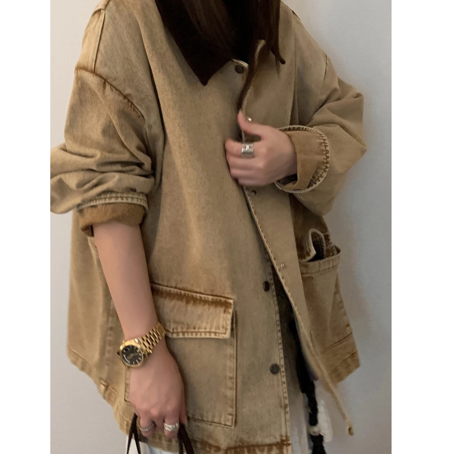 【泡菜】-时尚百搭复古宽松韩版水洗做旧设计感外套