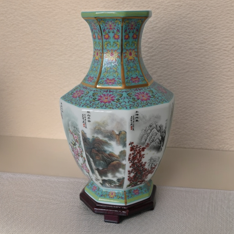 小八方山水陶瓷摆件