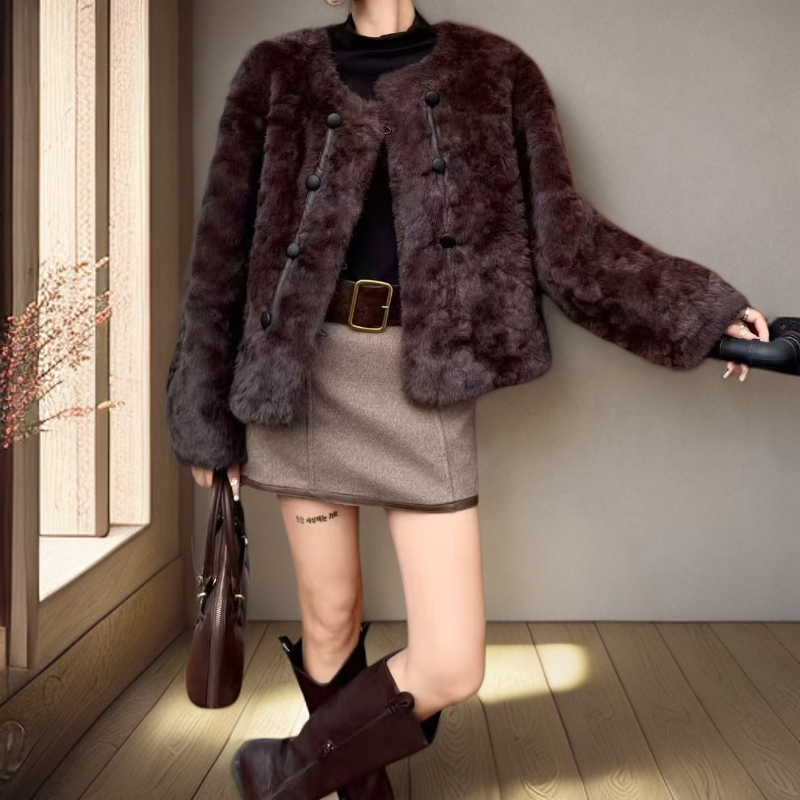 【定制款】气质优雅女人味灯笼袖保暖毛毛外套