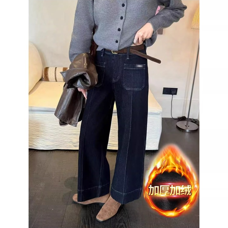 梨形身材直筒弹力牛仔裤女大码胖妹妹mm加绒高腰显瘦阔腿九分裤子