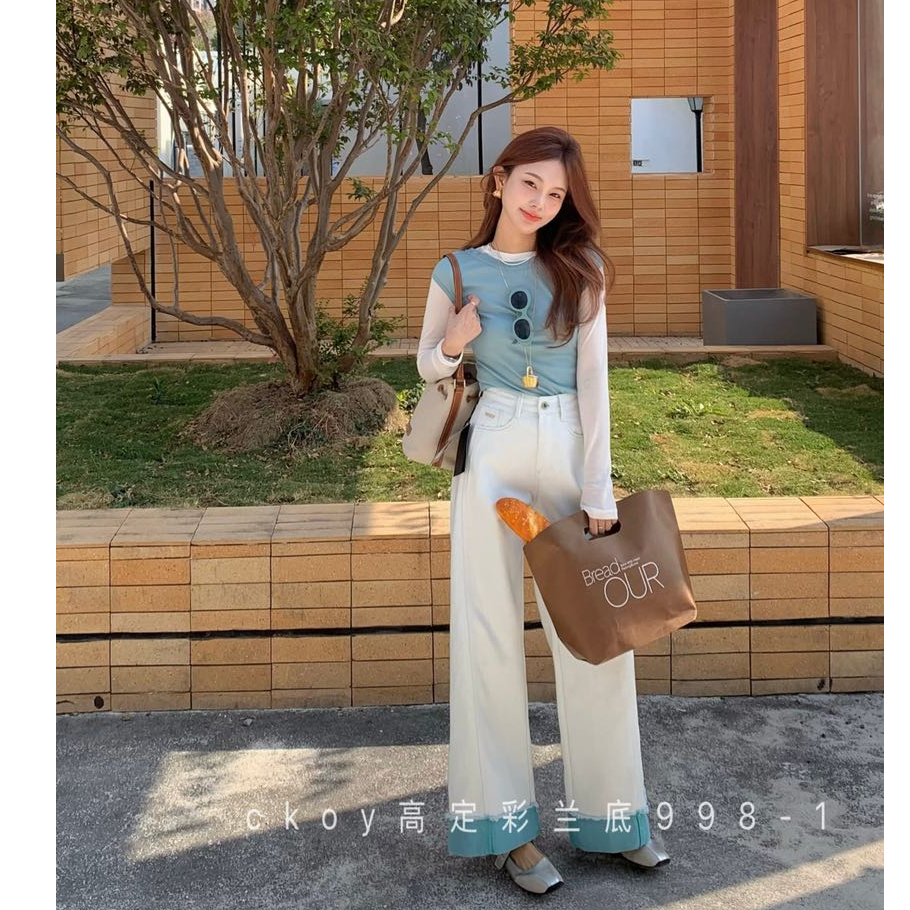 【花宁娜】晚春时尚百搭休闲牛仔裤直筒裤长裤糖果色系直筒阔腿裤