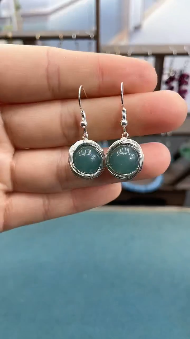 银S925镶嵌翡翠耳饰蓝水鸟巢