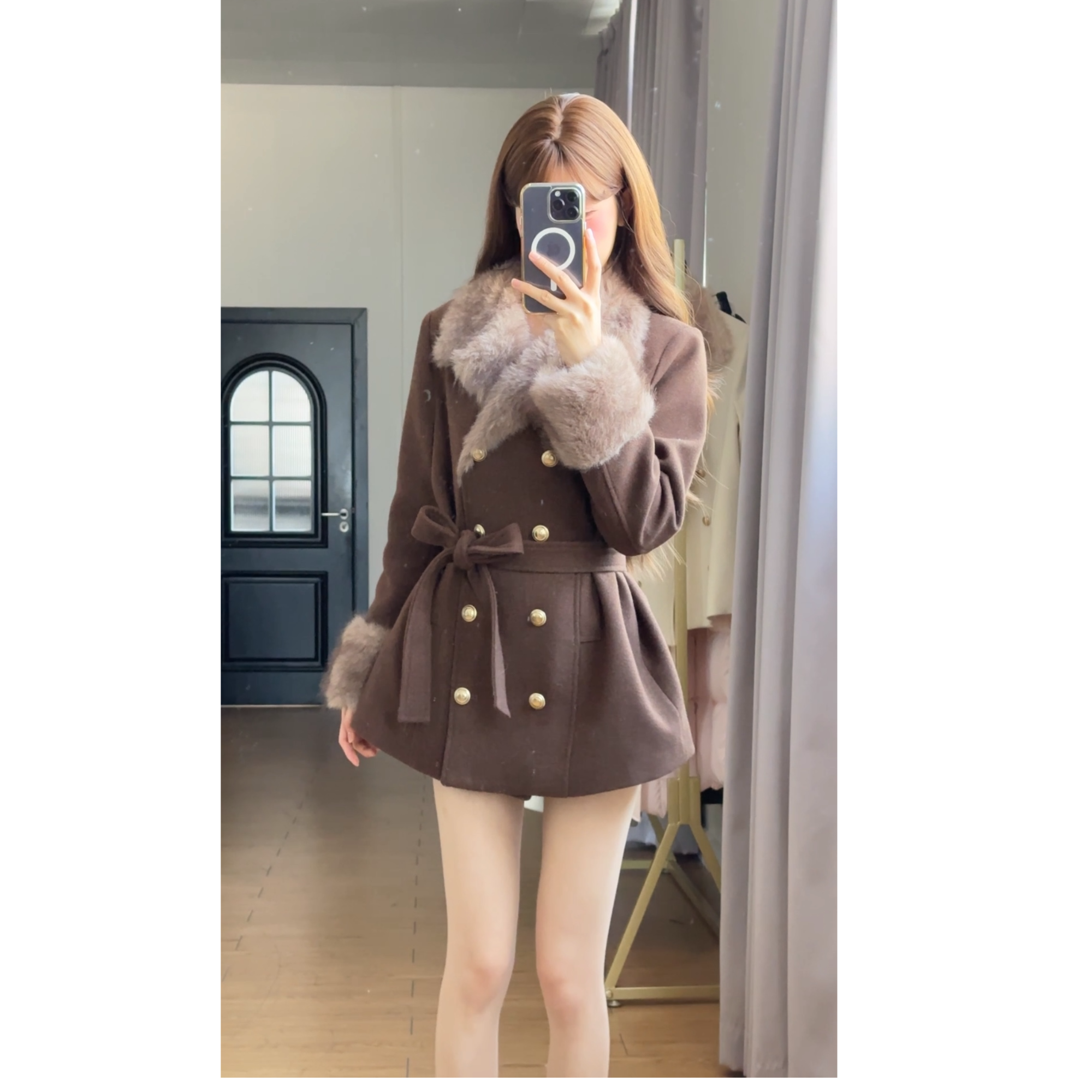 小小仟 古着秀场系带收腰显瘦毛呢外套千金氛围感