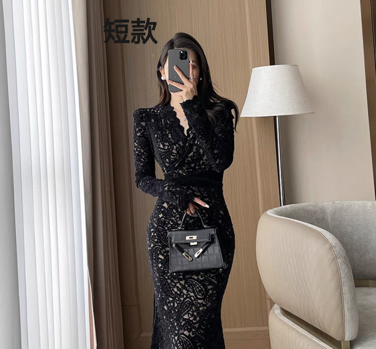 大码短裙蕾丝连衣裙黑色V领性感知性女人修身显瘦包臀鱼尾裙4498