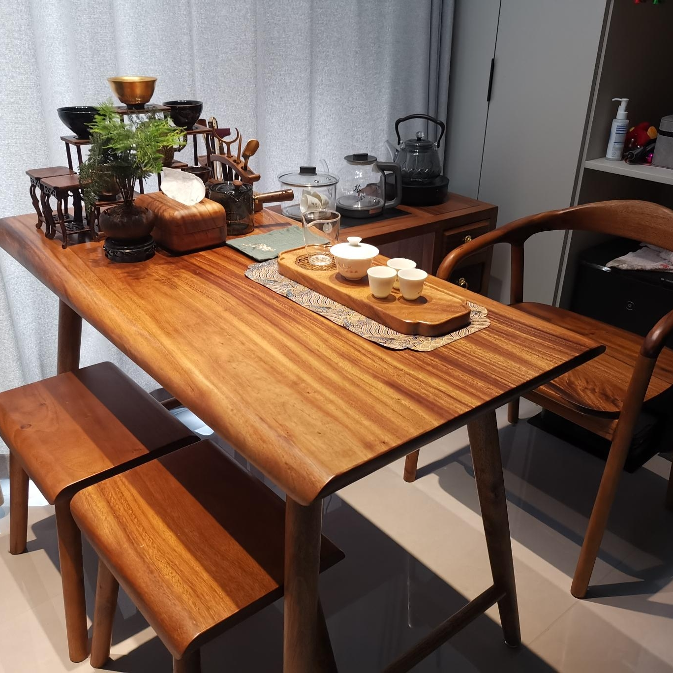 厚德载物南美胡桃木中古风阳台书桌电脑桌简约实木泡茶台整板原木