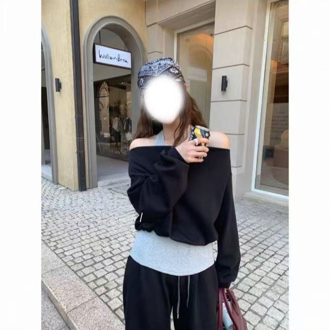 胖鹅张~韩系一字肩挂脖假两件收腰上衣+裤子套装#1071