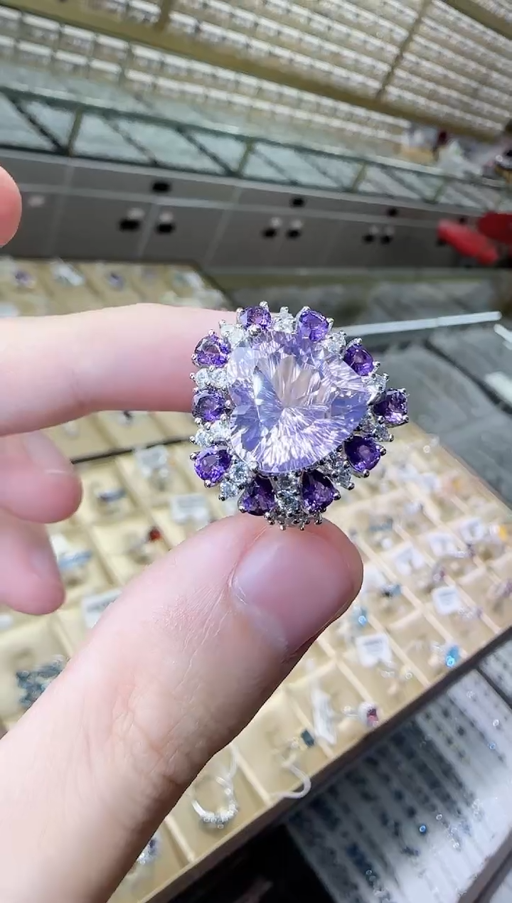 水晶戒指银S925镶嵌薰衣草爱心设计款13mm