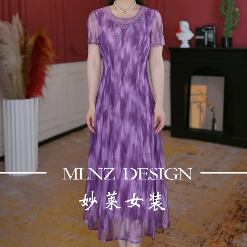 【妙莱 绝绝紫 】夏季新款妈妈碎花中长裙子台湾纱短袖连衣裙宽松