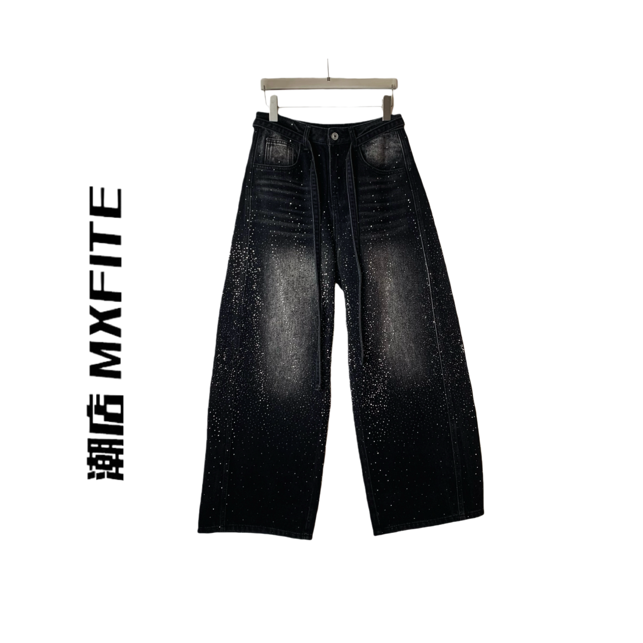 MXFITE潮店春季新款个性复古烫钻时尚休闲牛仔裤长裤（ANG-1998）