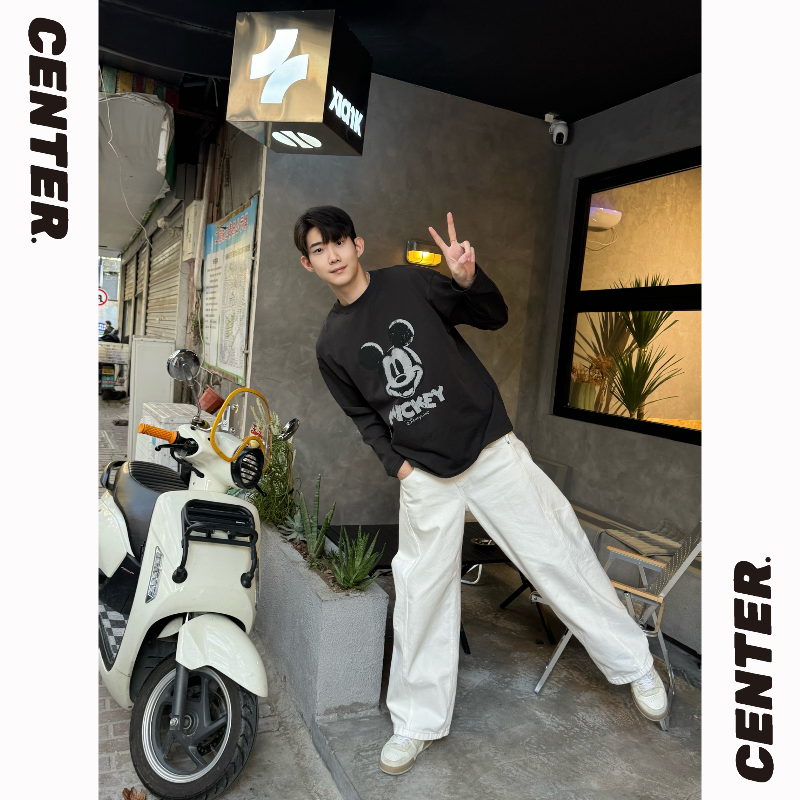 CT【米奇来啦】趣味印花设计款男女款长袖T恤美式打底情侣高街百搭