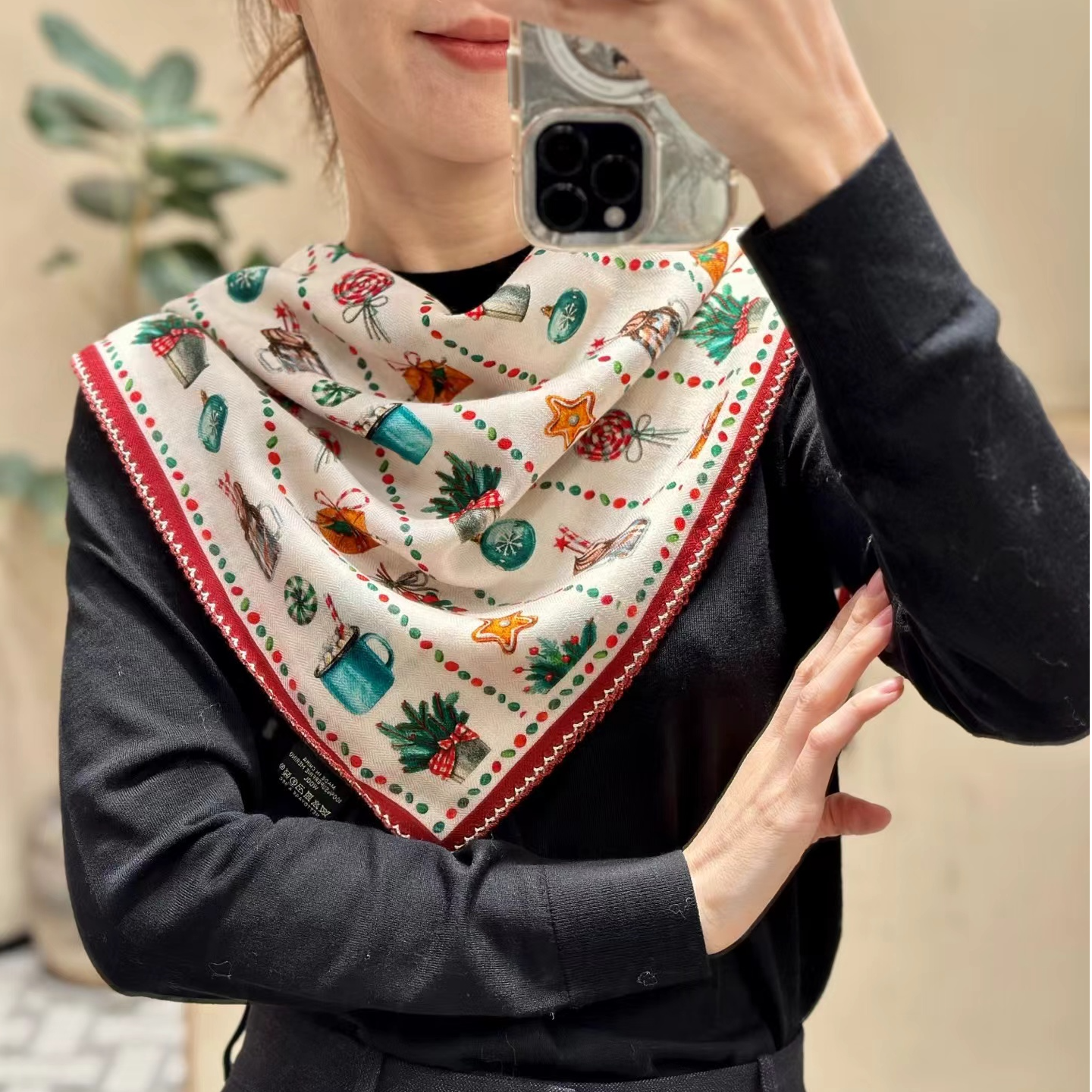 澳洲羊毛双面圣诞糖罐60方巾女士丝巾围巾搭配气质时尚披肩外搭