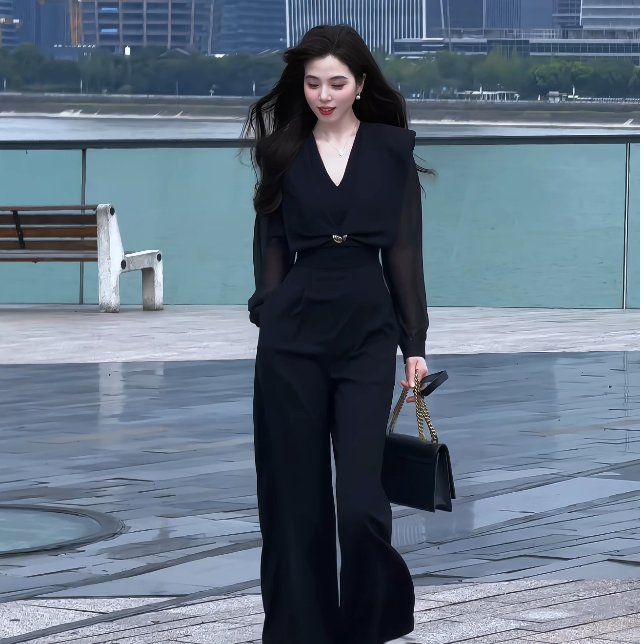 拉夏贝尔25秋季新气质时尚高级收腰百搭通勤显瘦连体裤 10580 LSC