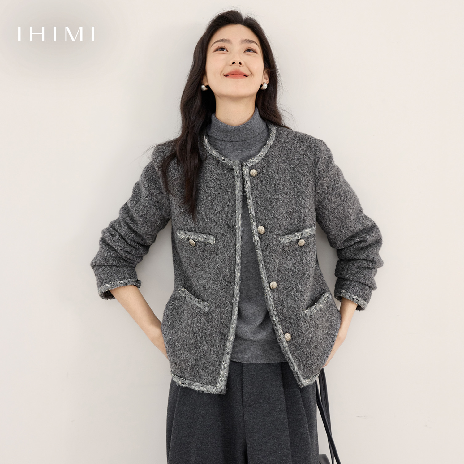 IHIMI/海谧廓形圈圈质感秋女款精致圆领口袋通勤优雅小香风外套