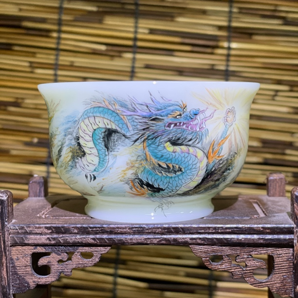 罗文钟德化手绘青龙冰晶璞玉翡翠绿压手杯陶瓷茶具茶杯手工主人杯