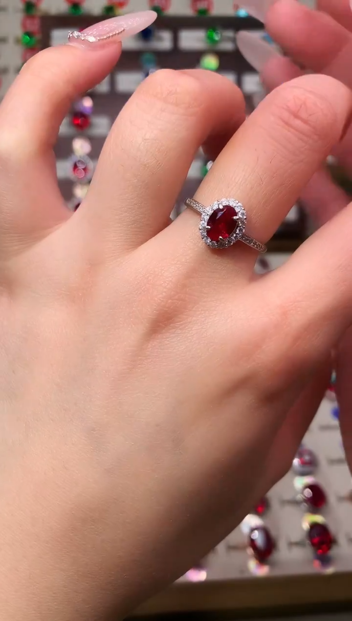 银S925镶嵌戒指红宝石5*7 酒红 银托