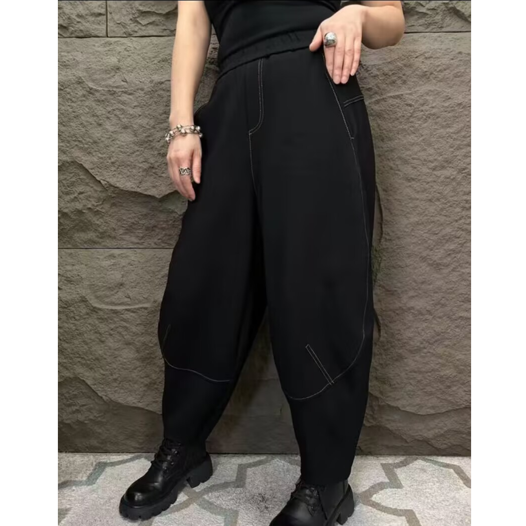 秋冬黄明线宽松休闲香蕉裤时尚潮流松紧腰哈伦裤