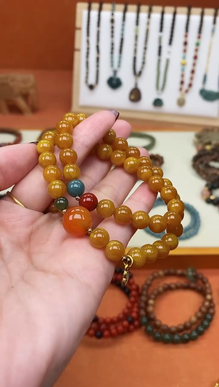 手链蜜蜡未镶嵌双圈蜜蜡和田南红蓝水手串