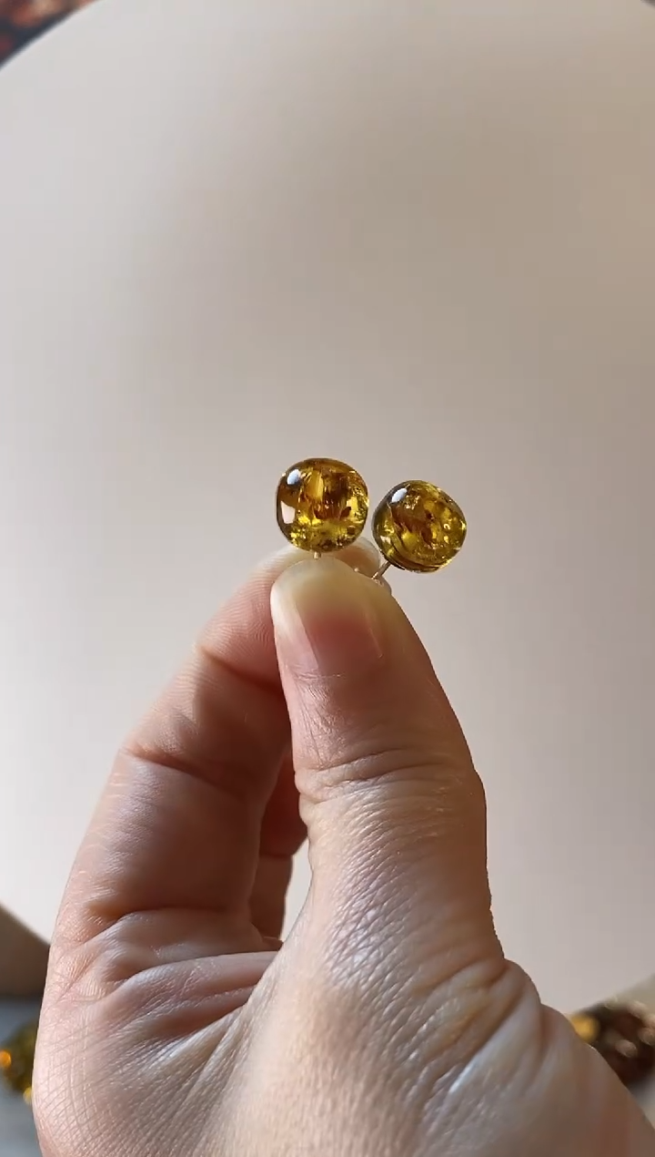 【闪购商品】琥珀耳饰银S925镶嵌花珀耳钉0000