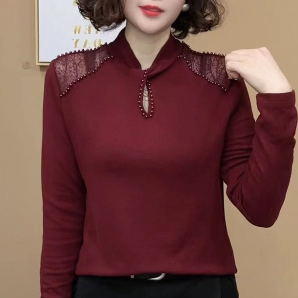 2024冬季新品时尚洋气百搭肩膀镂空纯色长袖打底衫女士上衣#86736