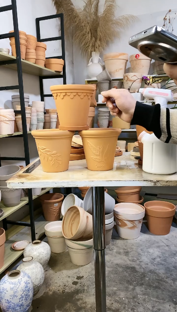 【闪购商品】陶16*15红陶浮雕3图案 3盆3托