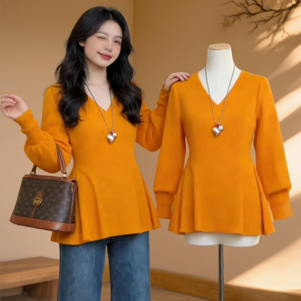 2025冬季新款【加绒】收腰纯色V领简约百搭上衣1197*