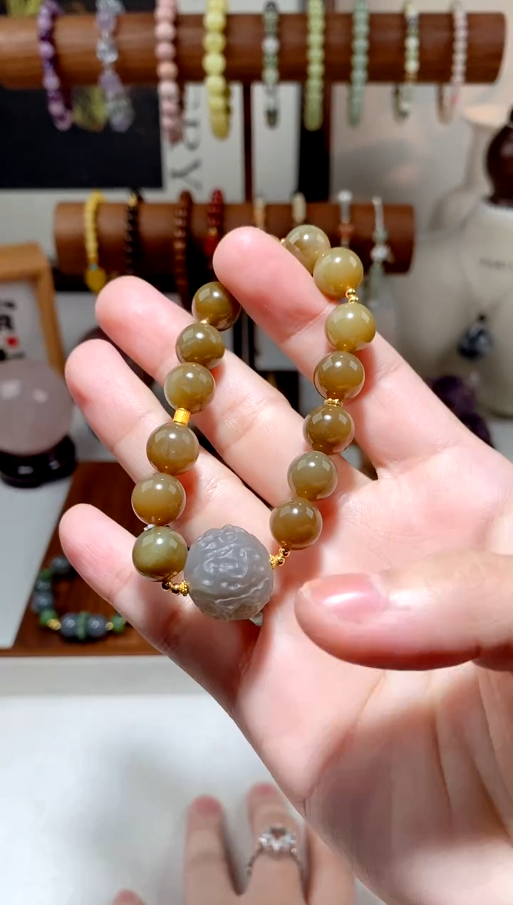 手串银S925镶嵌和田玉 糖料烟紫金刚手串