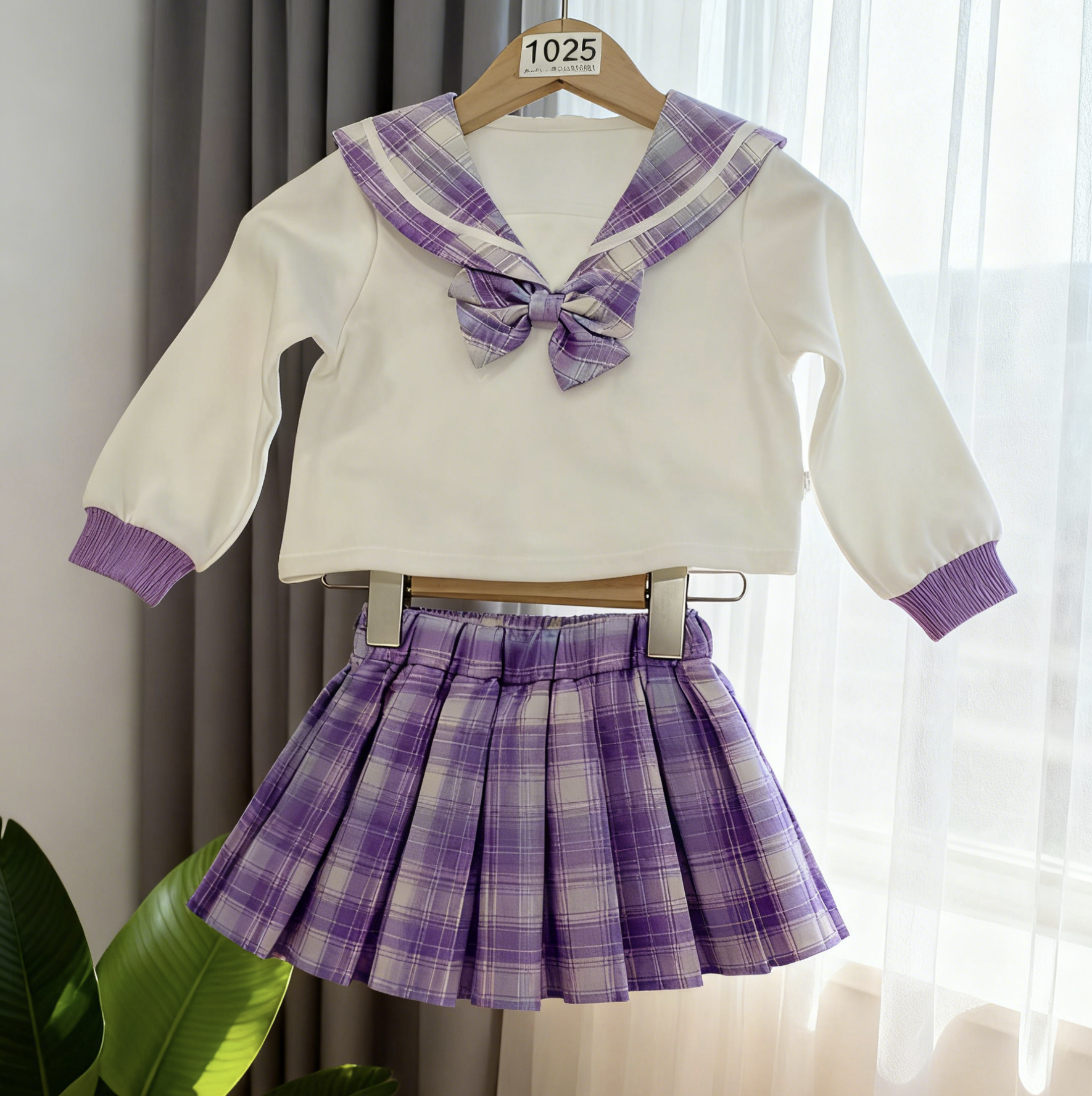 【1025】女童秋季套装百褶裙半身裙格百褶裙背带紫色学生裙子