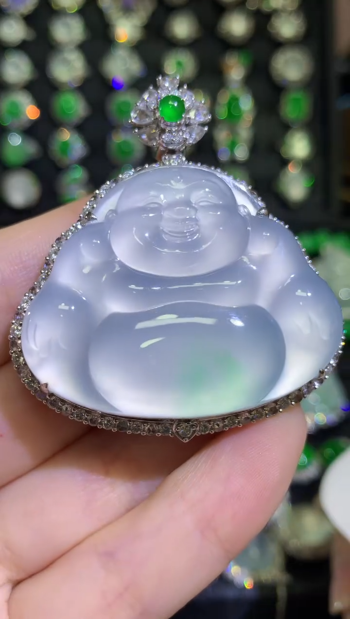 【闪购商品】翡翠颈饰18K金镶嵌玻璃种肚里藏金弥勒佛