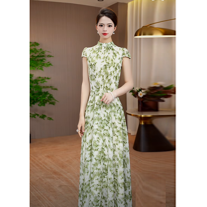 印花连衣裙女2025夏季新款修身显瘦气质大摆长裙优雅气质立领裙子